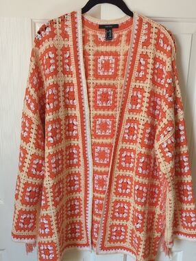 Forever 21 Orange Crochet Open-Front Vest with Cream Trim